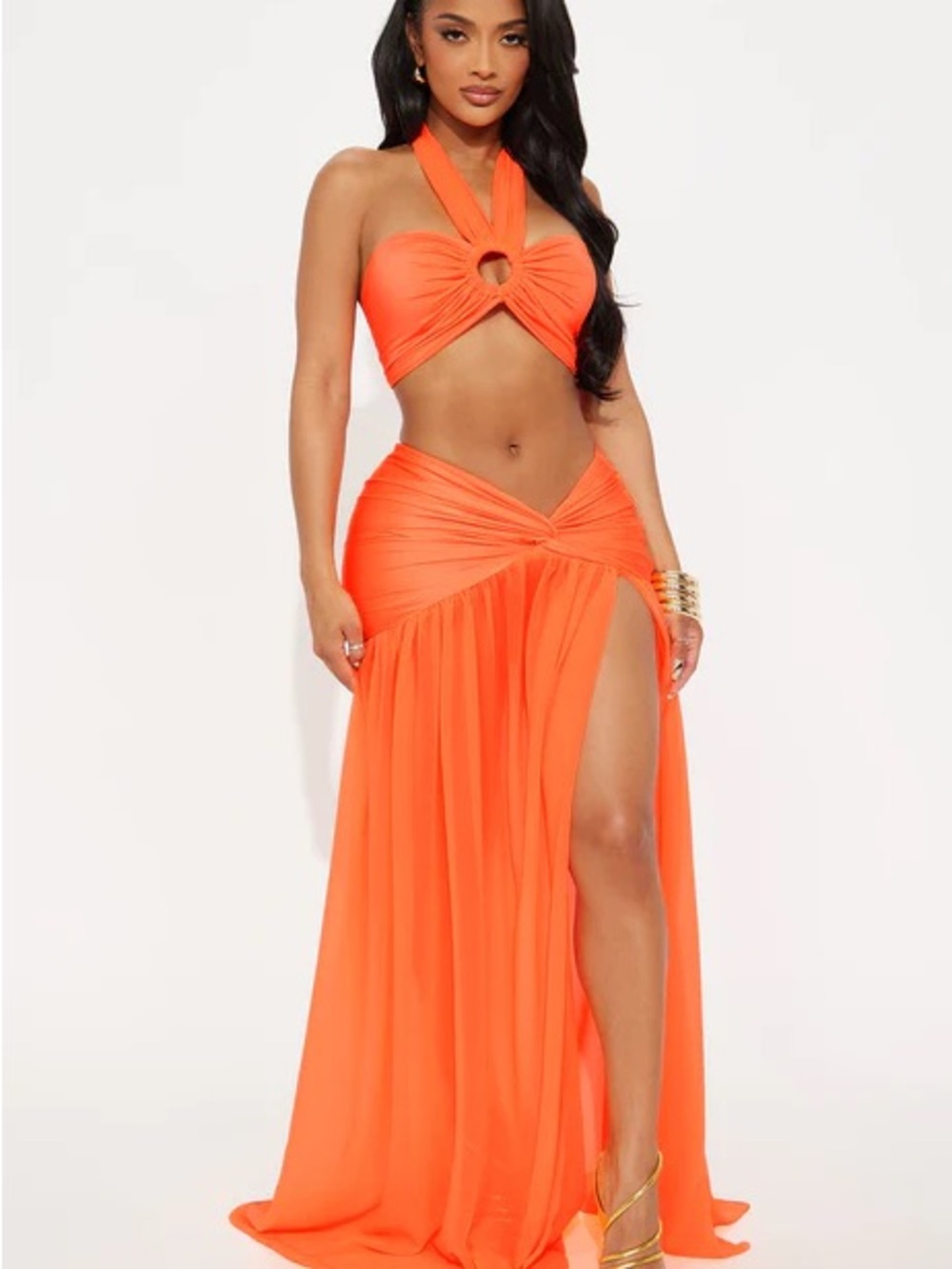 Fashion Nova Orange Halter Cutout Maxi Skirt Set